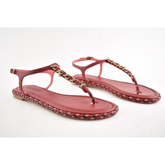 Chanel Red Braided Gold CC Logo Chain Thong Ankle Strap Slide Sandal Flat 36C - Picture 3 of 10